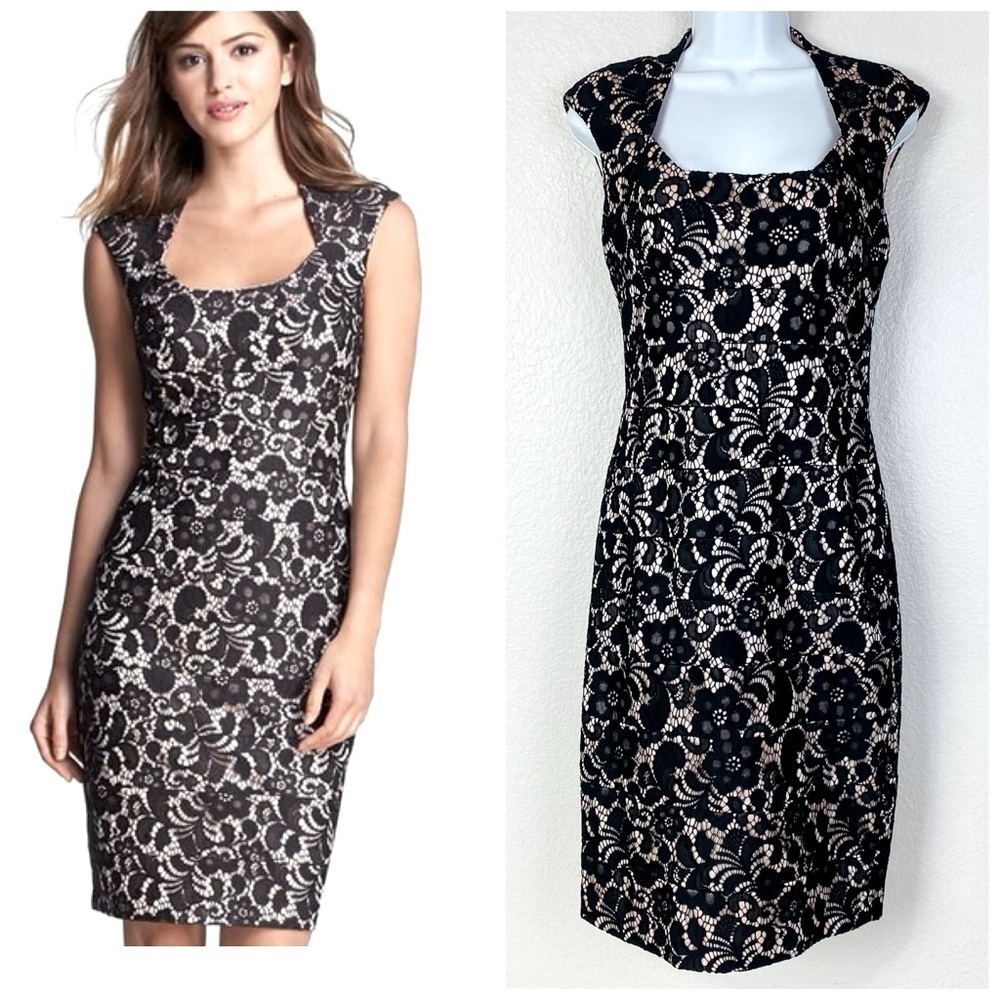 Jax Black Lace Overlay Square Neck Sleeveless Evening Dress Size 6